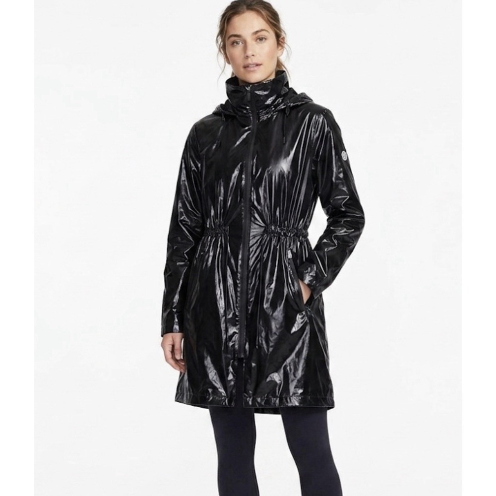 Bernardo Womens Hooded Mid-Length Jacket Sz L Black Zip Front Gathered Waist B